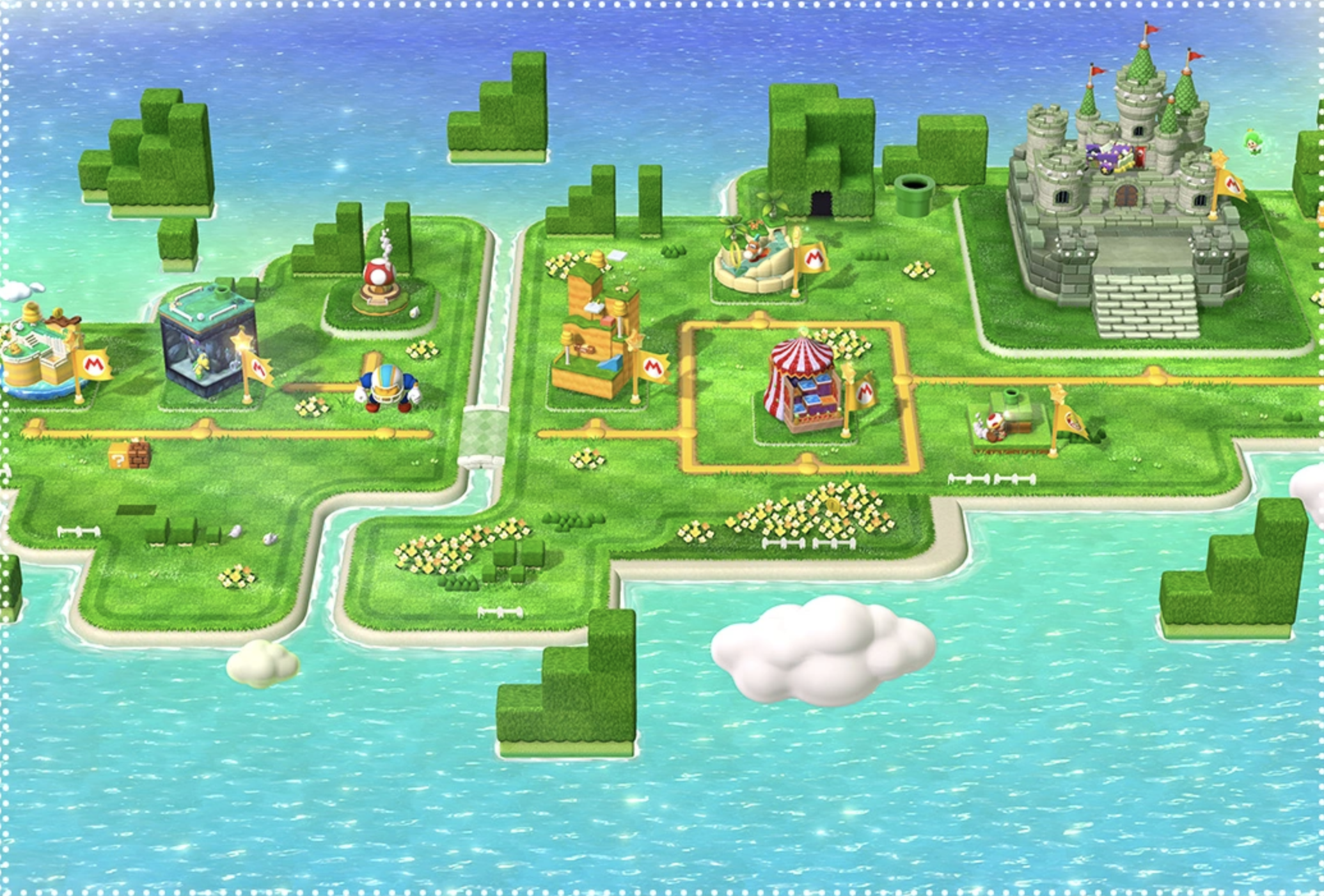 This image shows a view of the entire first world of Super Mario 3d.